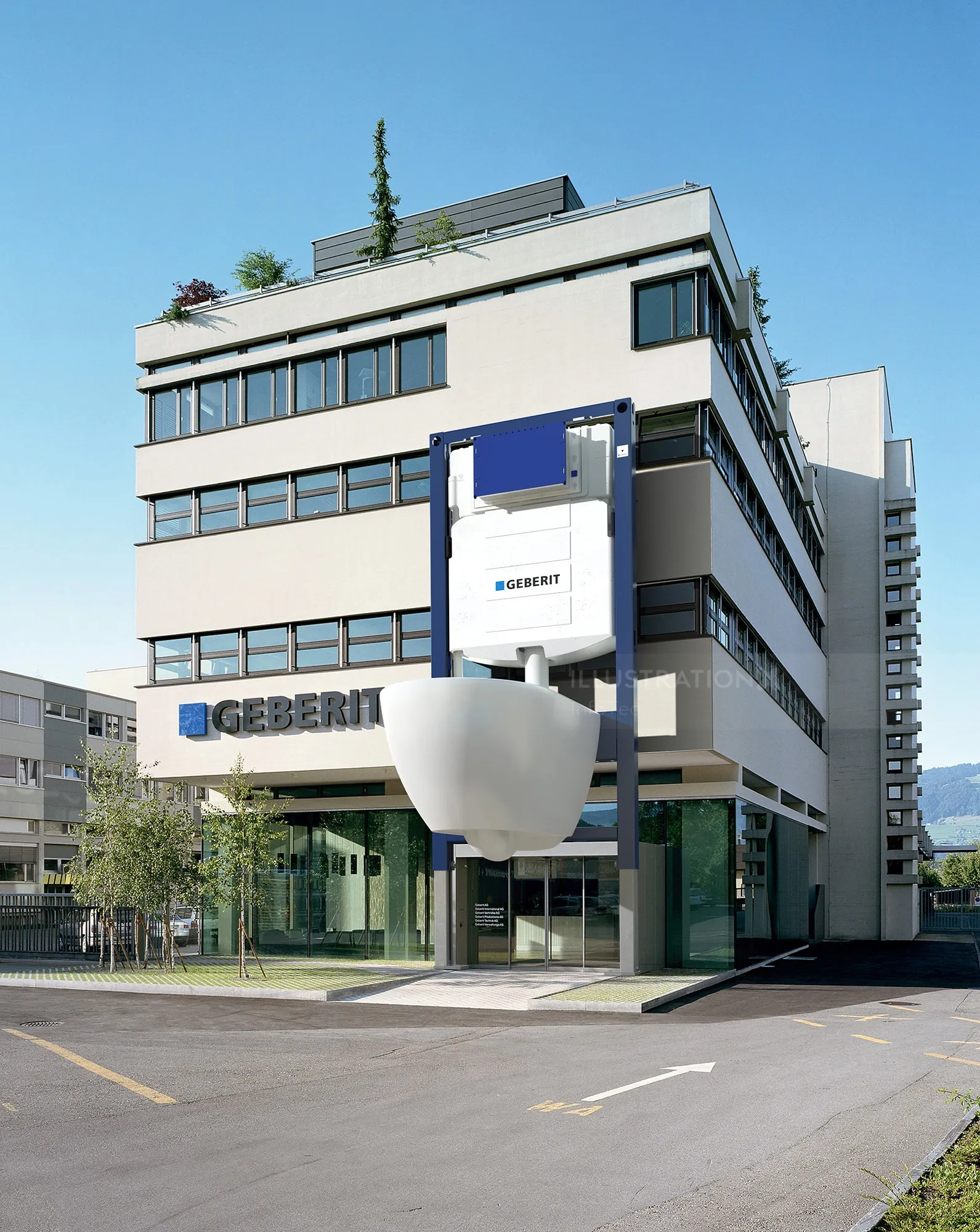 Modern Geberit office building with large toilet bowl sculpture outside