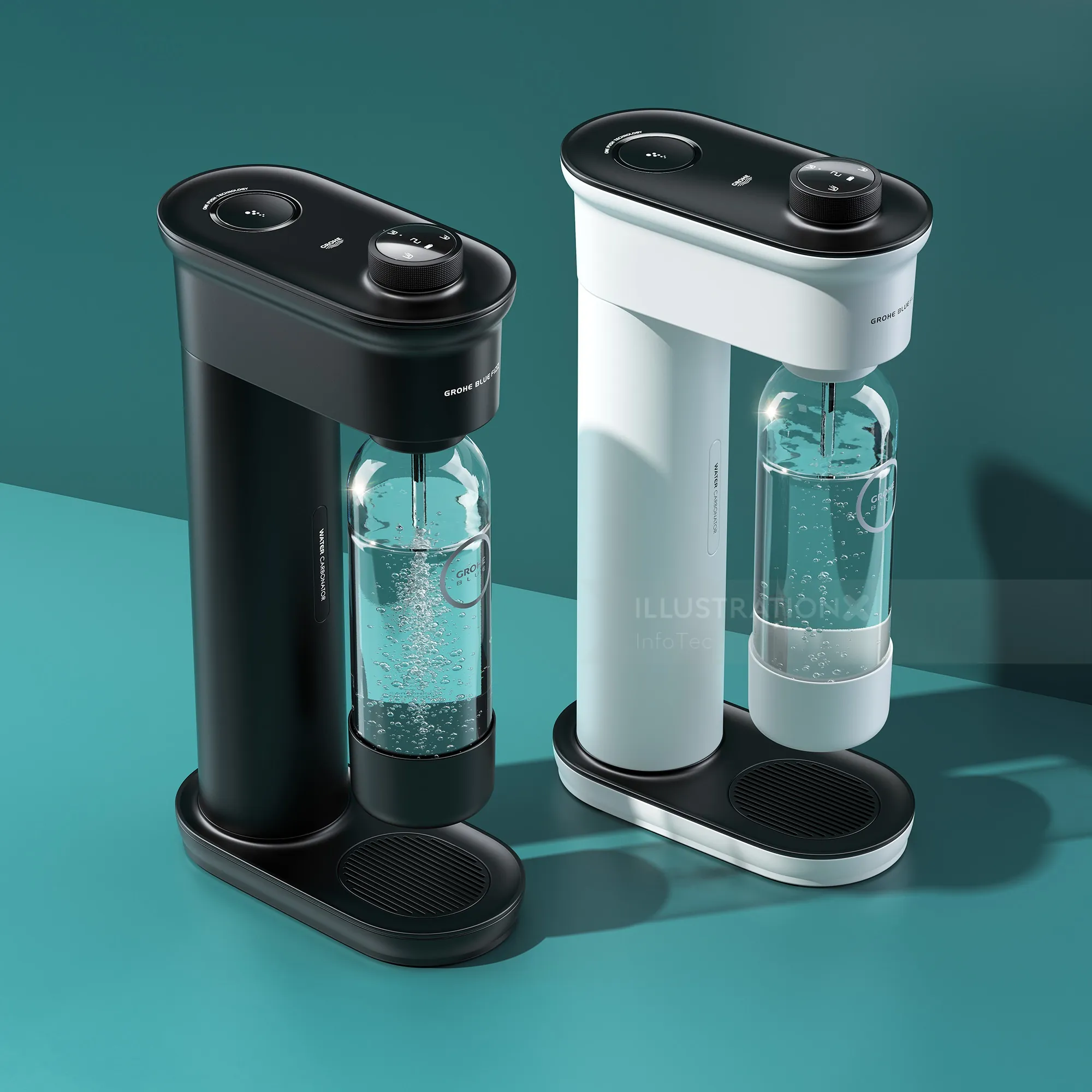 Black and white Grohe BlueFizz water carbonation machines with bottles