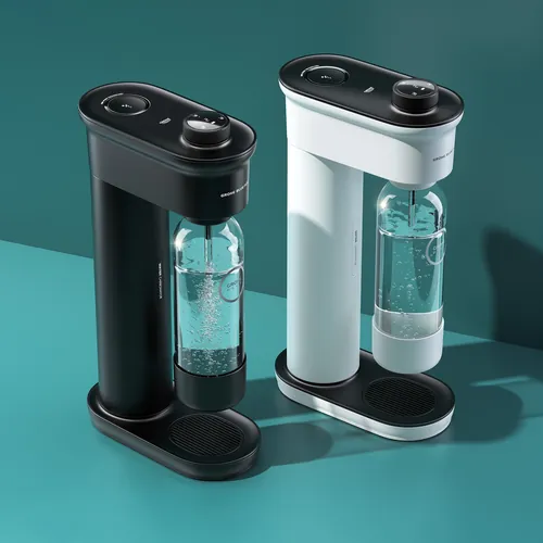 Black and white Grohe BlueFizz water carbonation machines with bottles