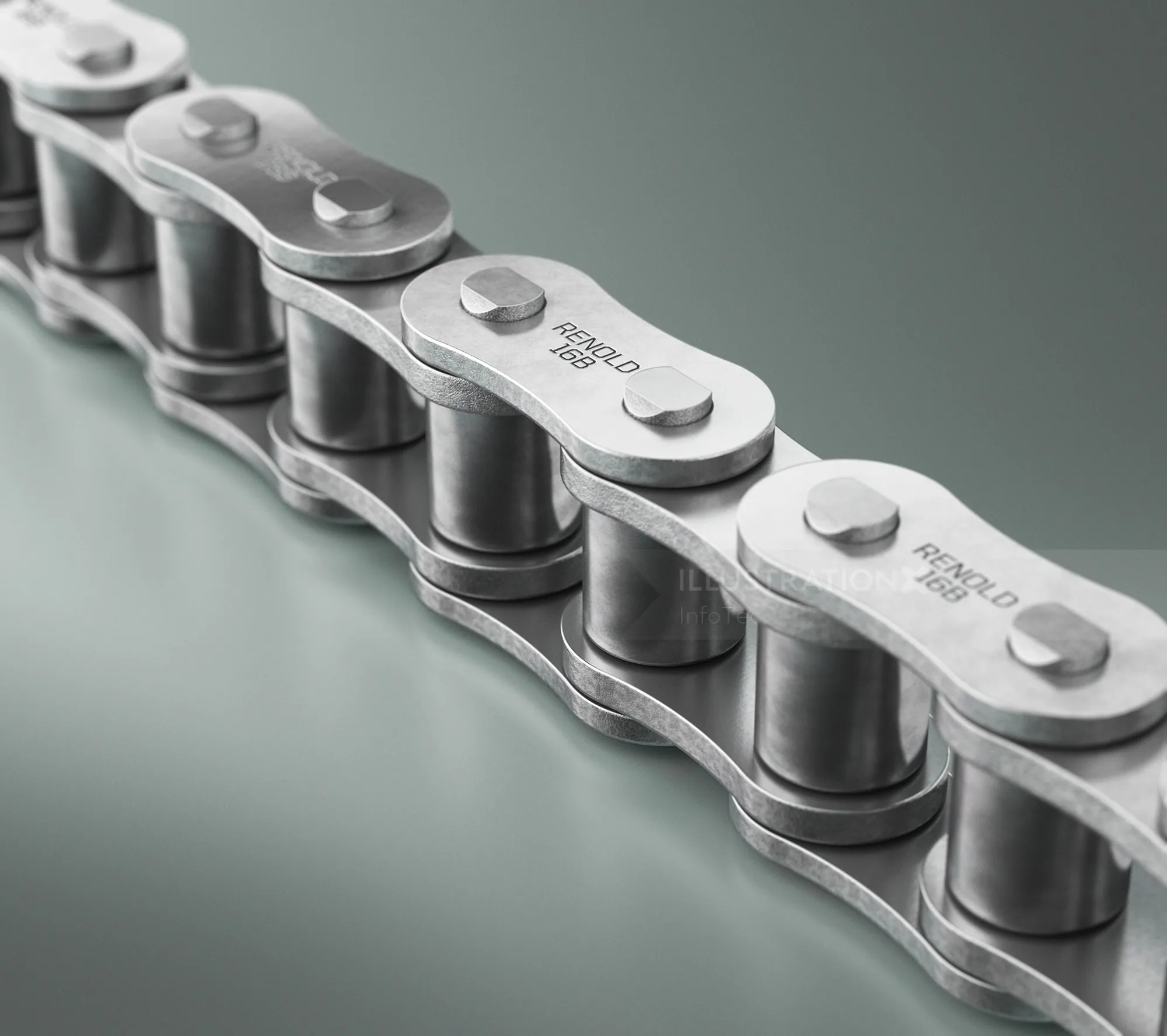Close-up of a metal industrial roller chain