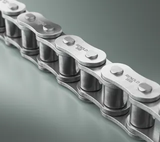 Close-up of a metal industrial roller chain