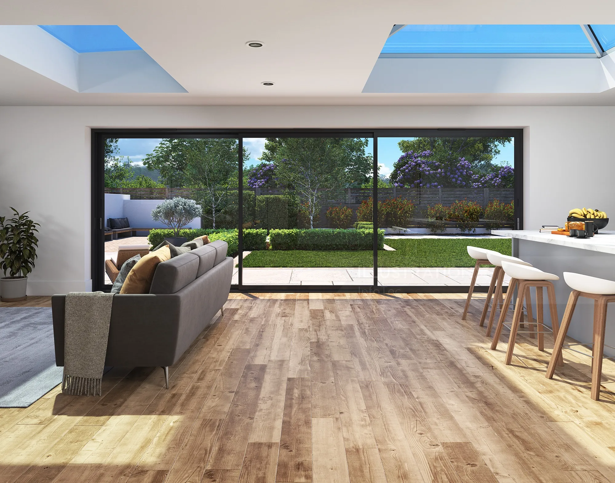 Modern living room with large bi-fold sliding doors opening to garden