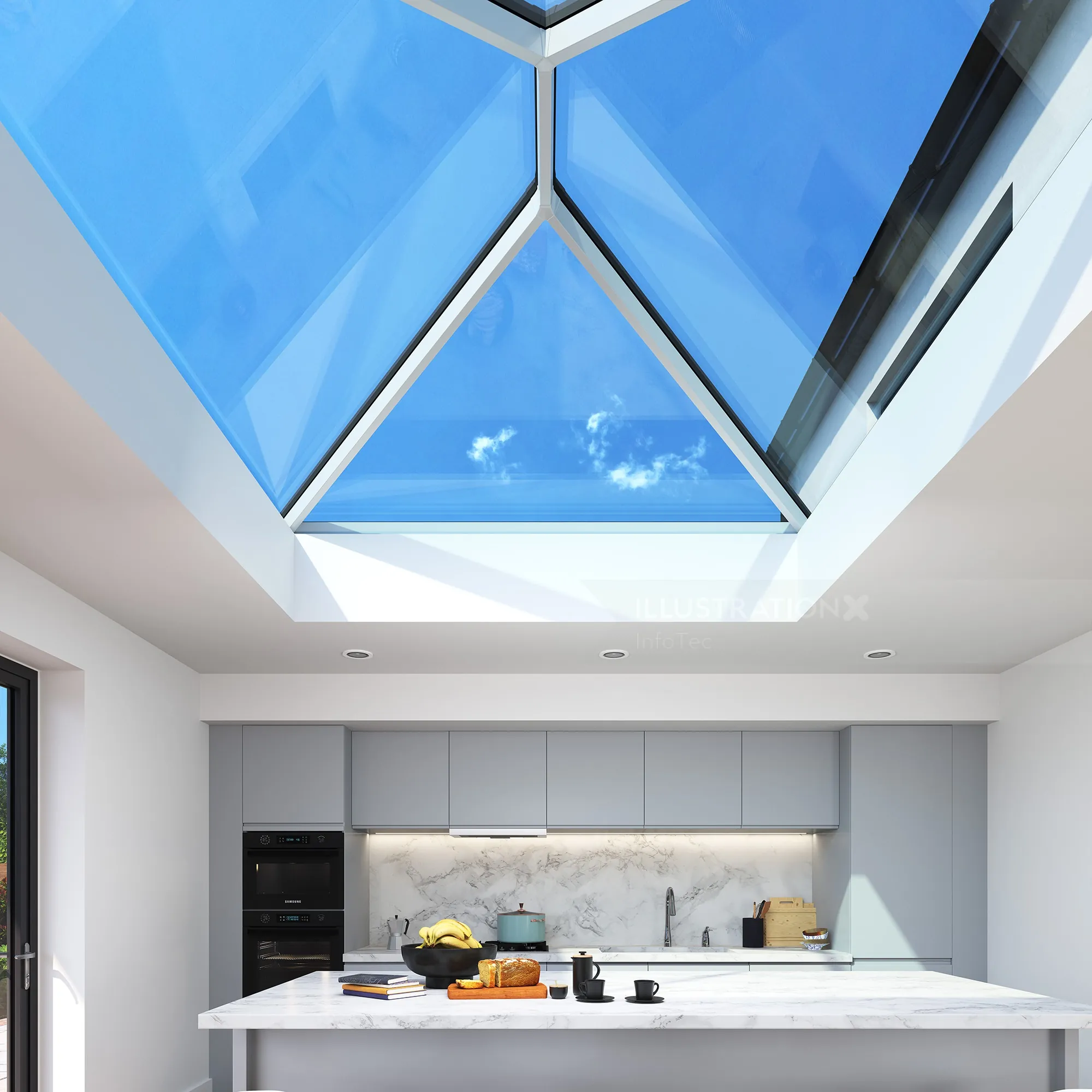 Modern kitchen with marble island under large glass roof light