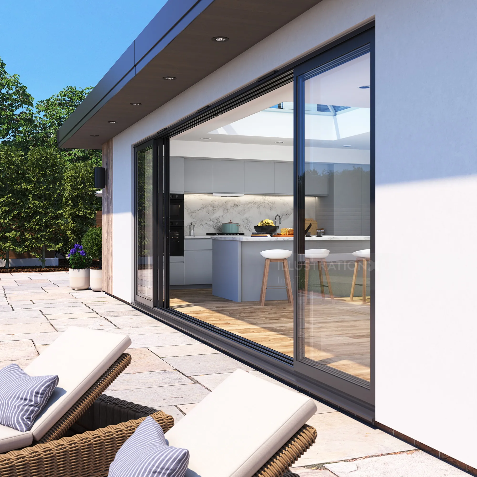 Modern home patio with large sliding glass doors and outdoor seating
