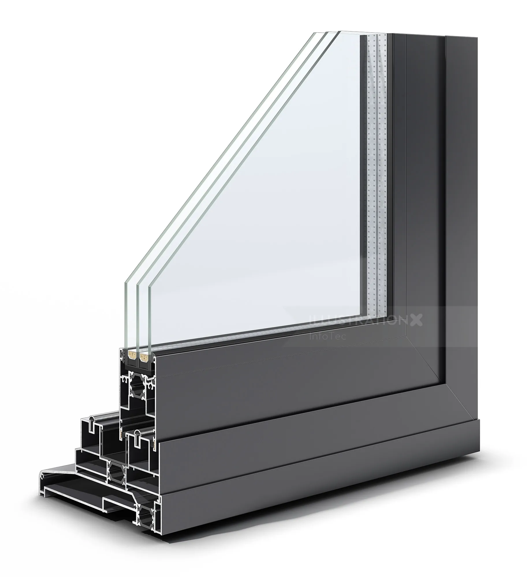 Close-up of black aluminum window frame corner with glass panel