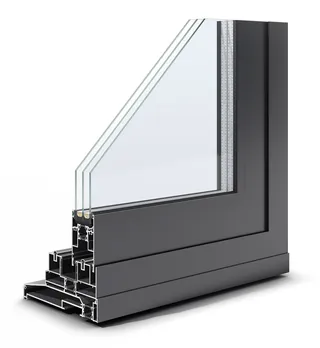 Close-up of black aluminum window frame corner with glass panel