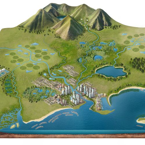 Illustration of landscape with mountains, rivers, wetlands, and coastal city