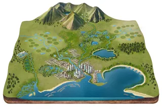 Illustration of landscape with mountains, rivers, wetlands, and coastal city