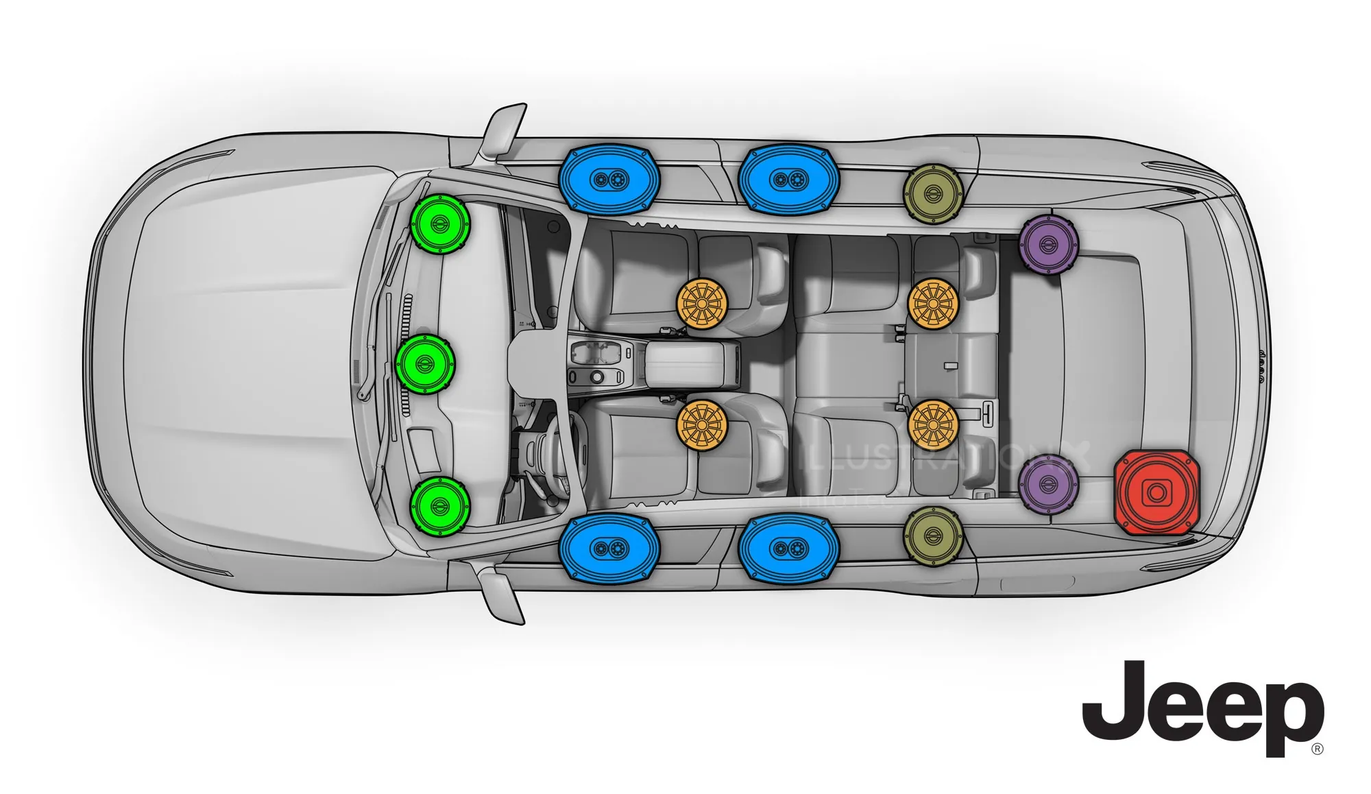 Top view illustration of Jeep Wagoneer interior seating and airbags layout