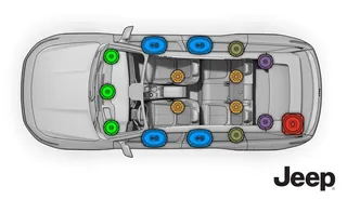 Top view illustration of Jeep Wagoneer interior seating and airbags layout