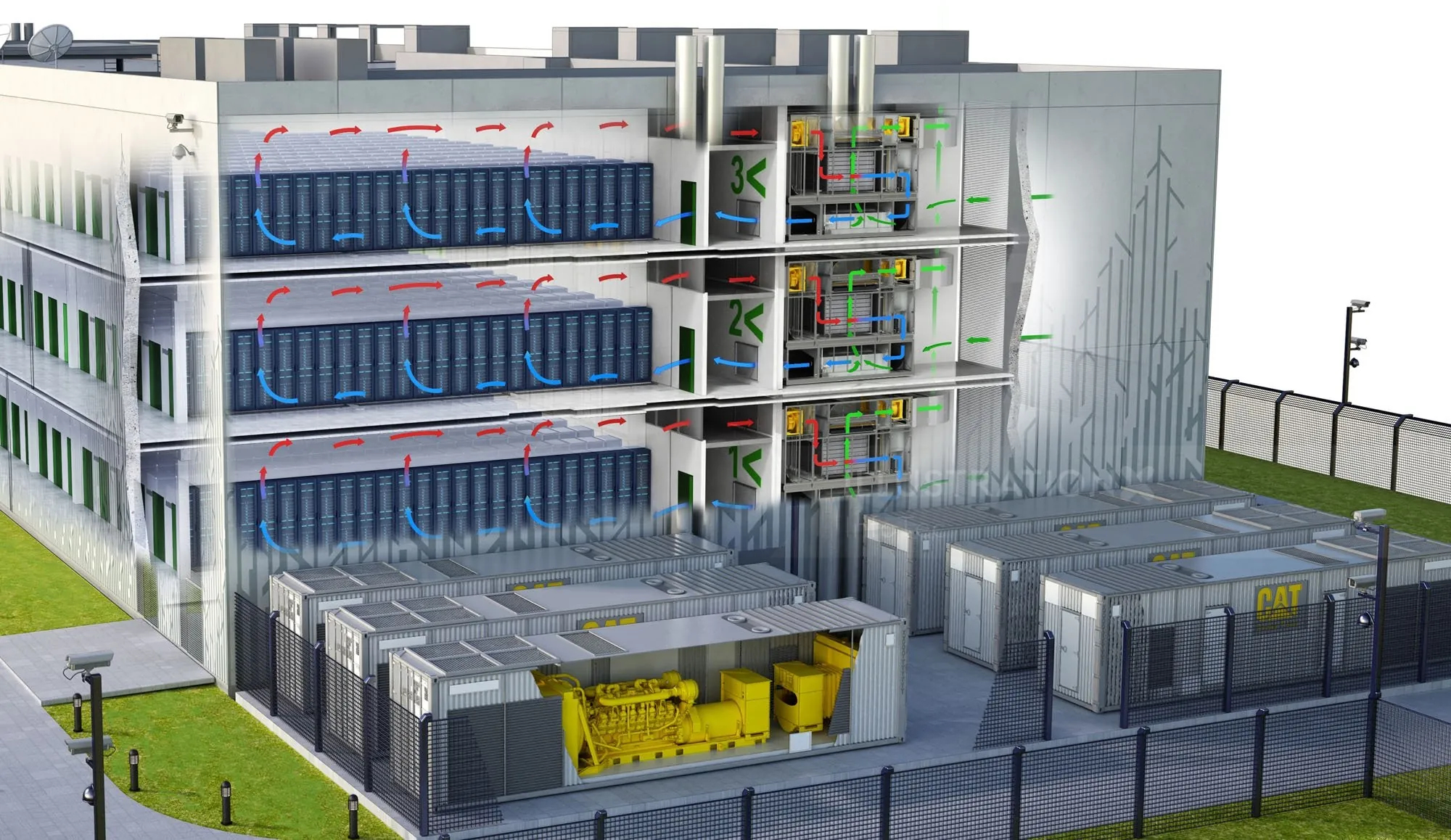 Cutaway view of a modern data centre building with server racks and equipment