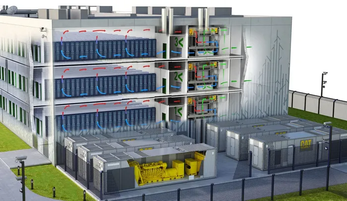 Cutaway view of a modern data centre building with server racks and equipment