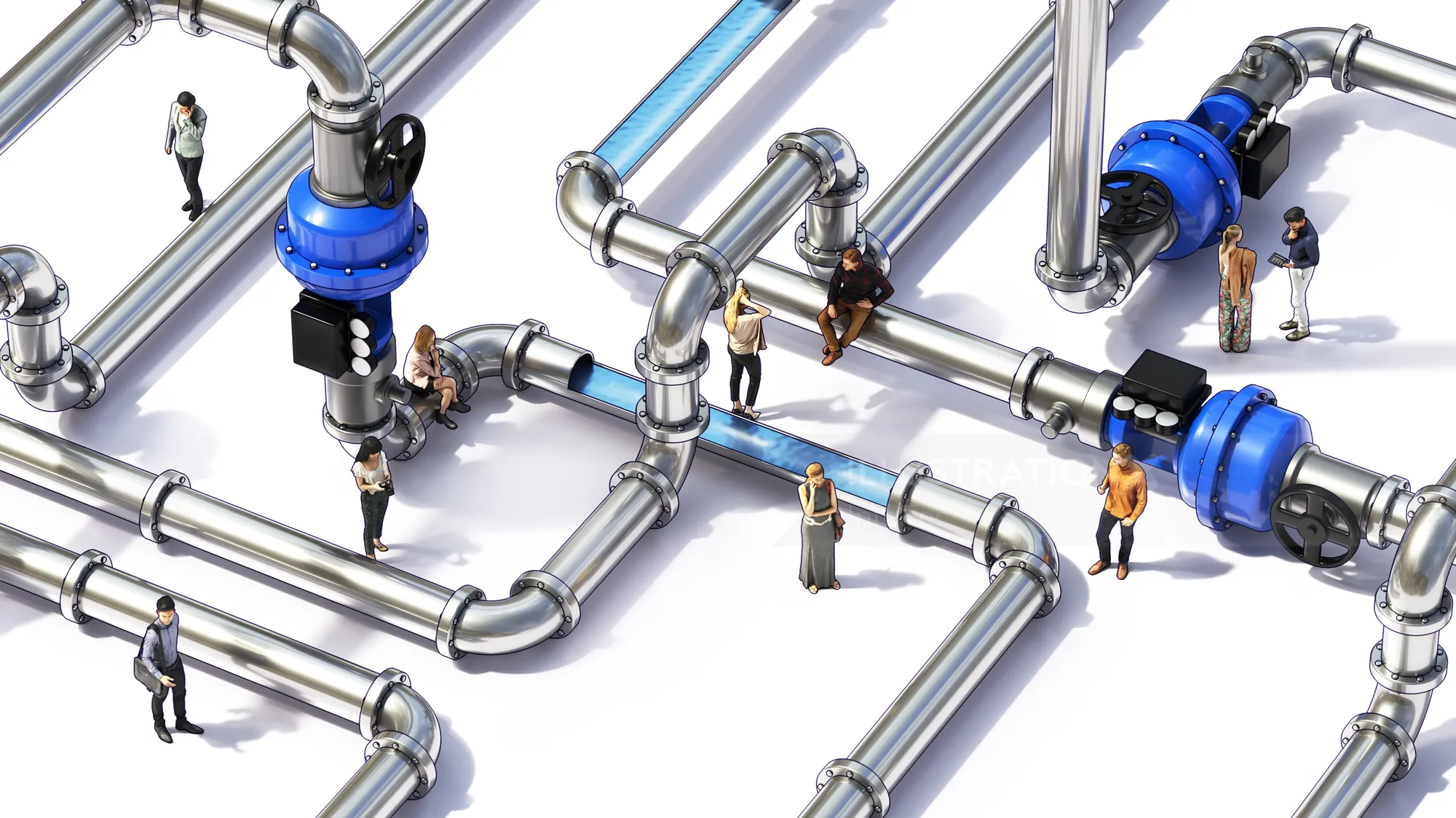 Tiny people interacting around large metal water pipes and valves.