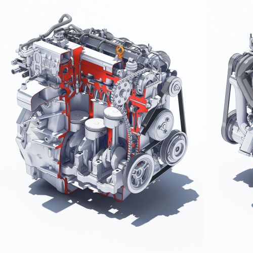 3D render of internal combustion engine showing components and structure
