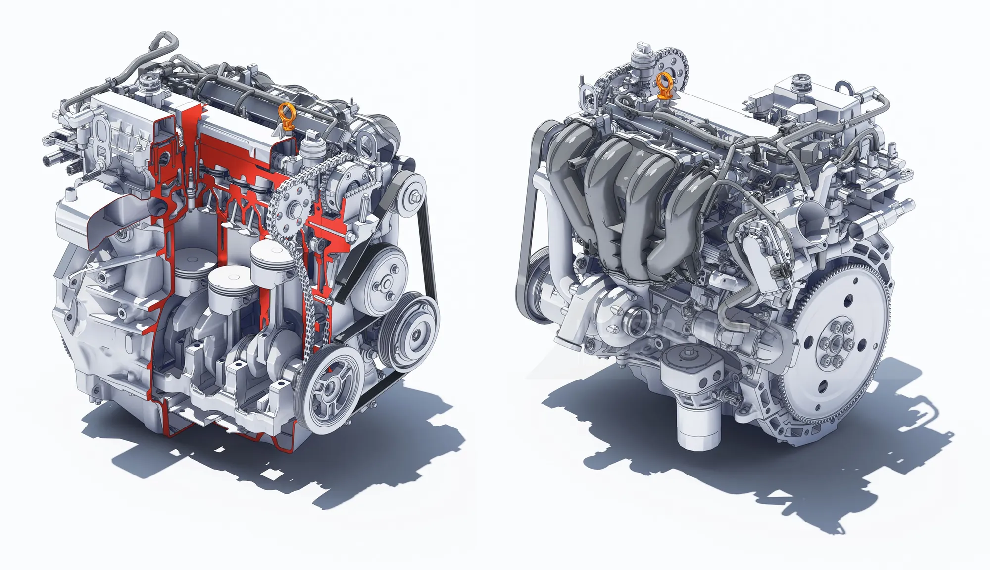 3D render of internal combustion engine showing components and structure