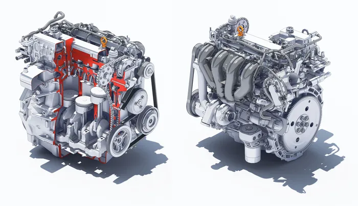 3D render of internal combustion engine showing components and structure