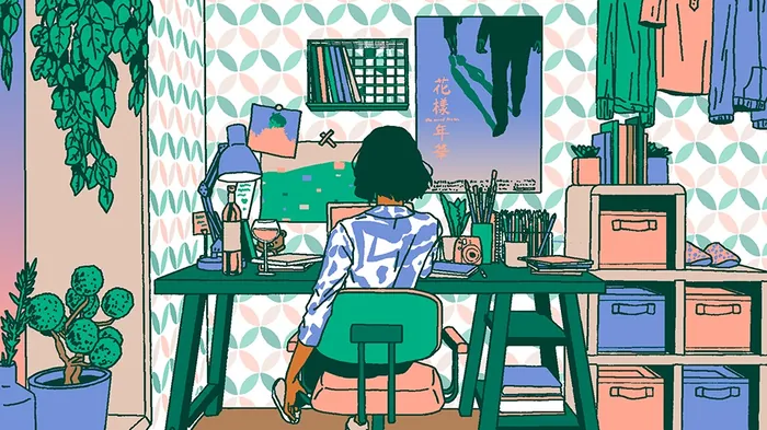 Woman sitting at cluttered desk with plants and computer by Ing Lee