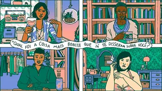 Web speed dating scene with four people in different rooms by Ing Lee