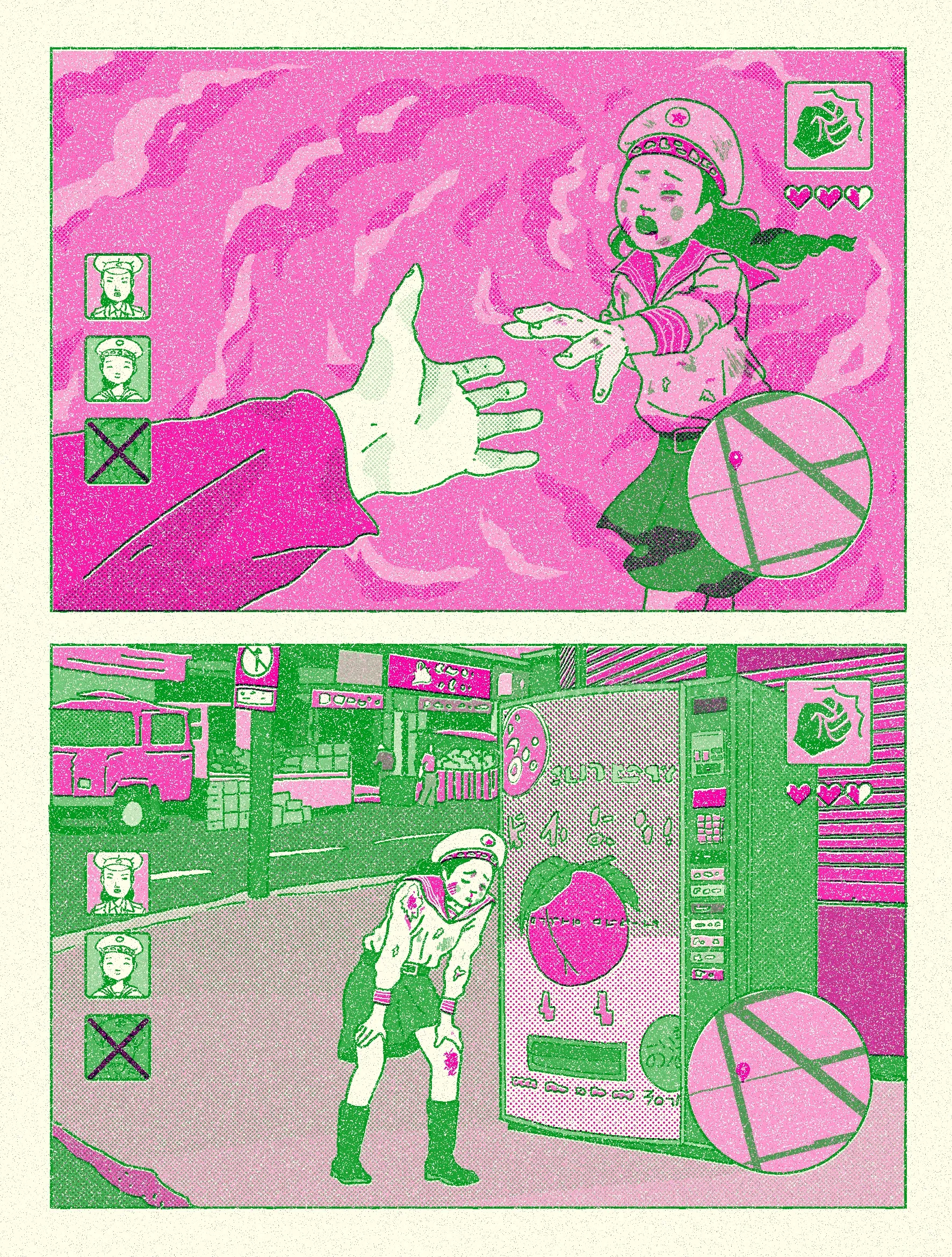 Comic artwork showing a woman and large hands in pink and green tones by Ing Lee