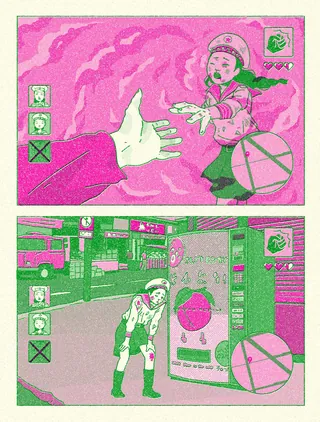 Comic artwork showing a woman and large hands in pink and green tones by Ing Lee