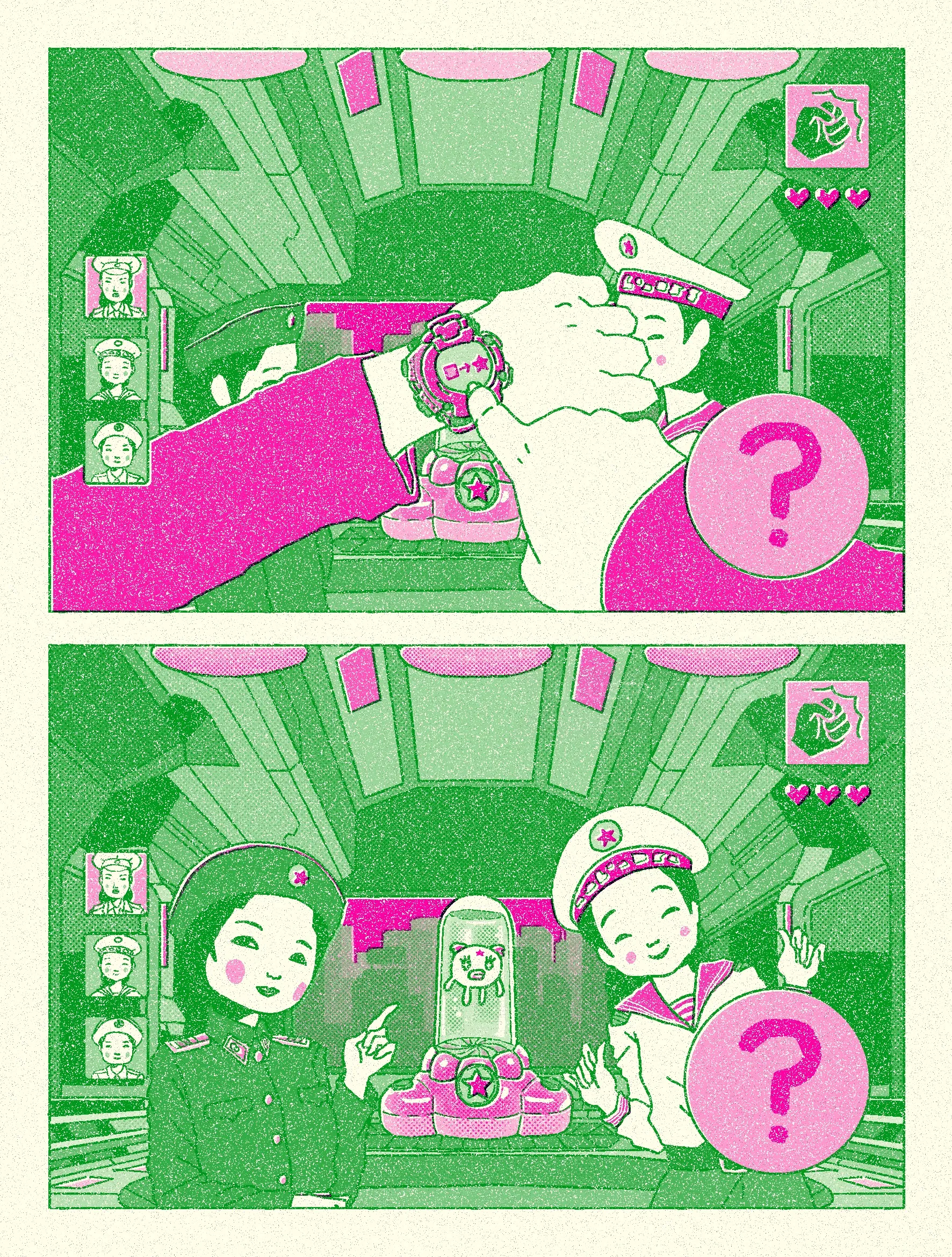 Two comic panels with characters interacting and question marks by Ing Lee