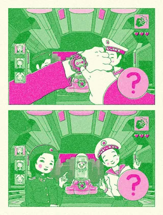 Two comic panels with characters interacting and question marks by Ing Lee