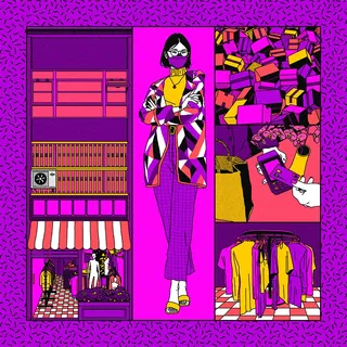 Illustration of a female clothes shop owner in vibrant colors by Ing Lee