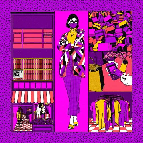 Illustration of a female clothes shop owner in vibrant colors by Ing Lee