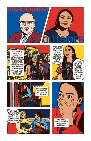 Comic panel showing Alexandria Ocasio-Cortez and others by Ing Lee