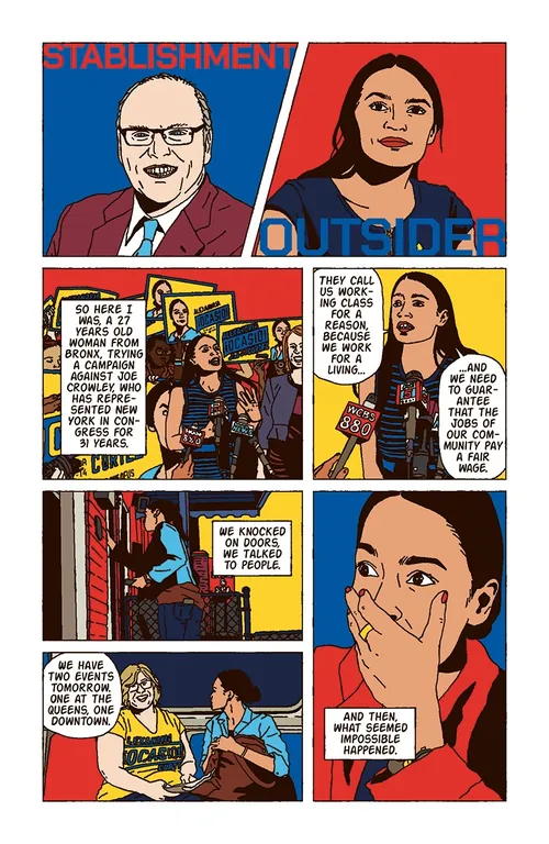 Comic panel showing Alexandria Ocasio-Cortez and others by Ing Lee