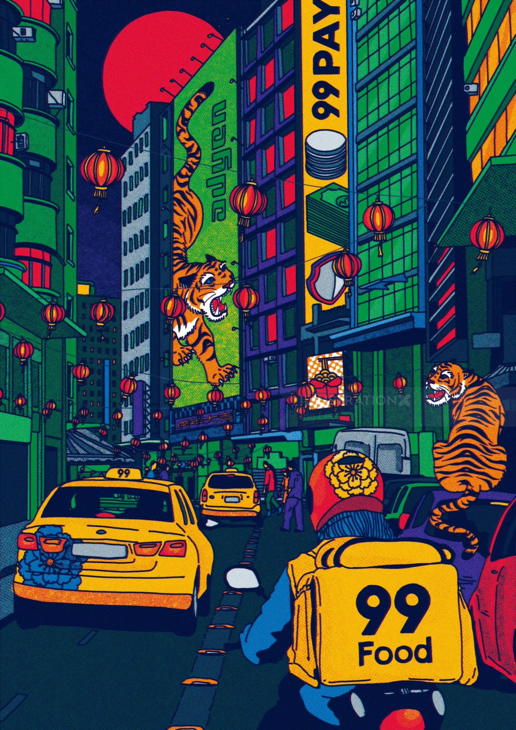 Tigers roam city streets with neon lights and lanterns by Ing Lee