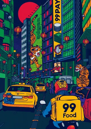 Tigers roam city streets with neon lights and lanterns by Ing Lee