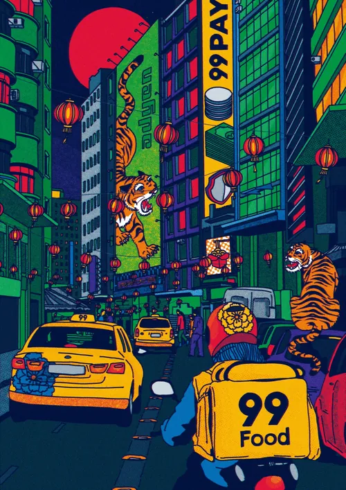 Tigers roam city streets with neon lights and lanterns by Ing Lee