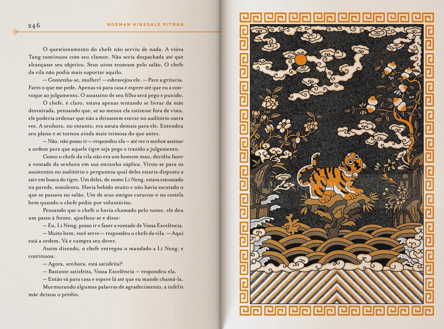 Book page with text and detailed gold and black Asian-style illustration by Ing Lee