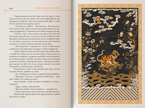 Book page with text and detailed gold and black Asian-style illustration by Ing Lee