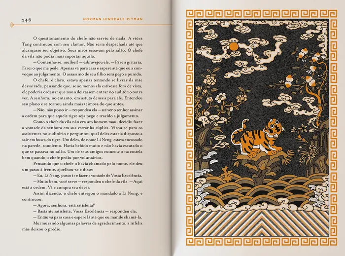 Book page with text and detailed gold and black Asian-style illustration by Ing Lee