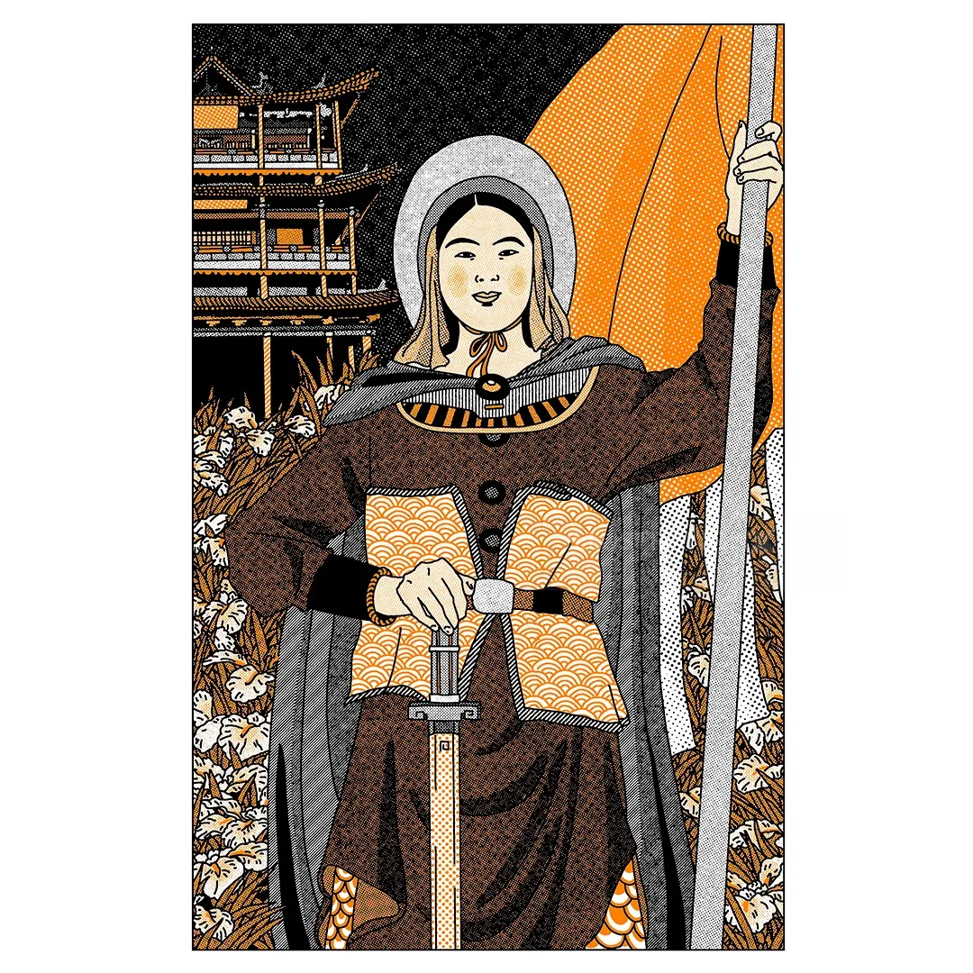 Illustration of a warrior woman holding a sword and banner by Ing Lee