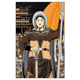 Illustration of a warrior woman holding a sword and banner by Ing Lee