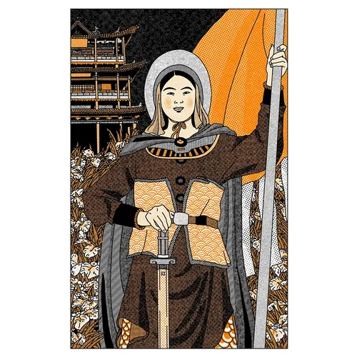 Illustration of a warrior woman holding a sword and banner by Ing Lee