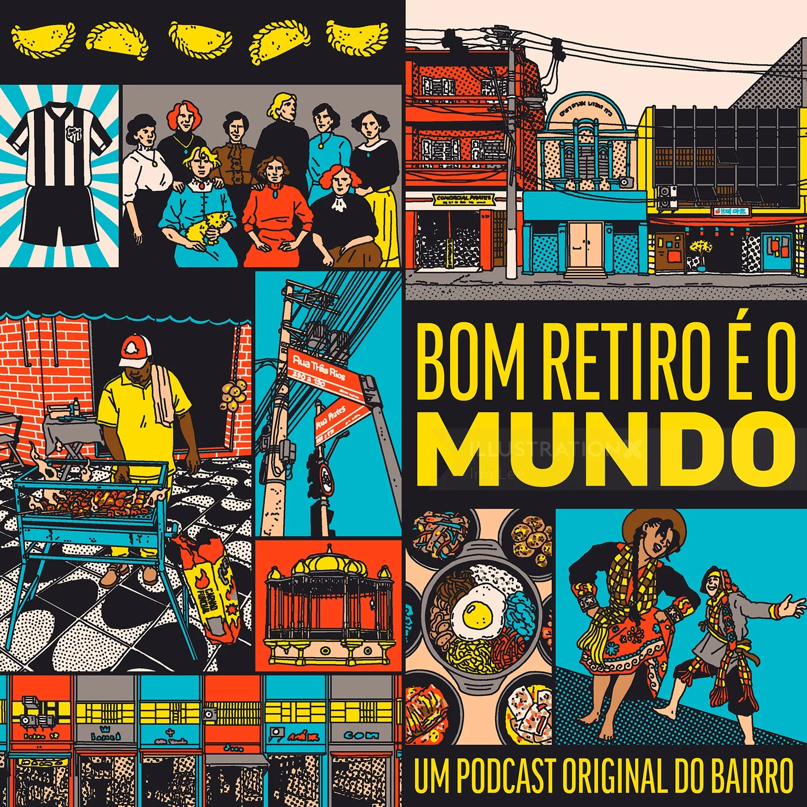 Podcast cover featuring Bom Retiro neighborhood scenes by Ing Lee