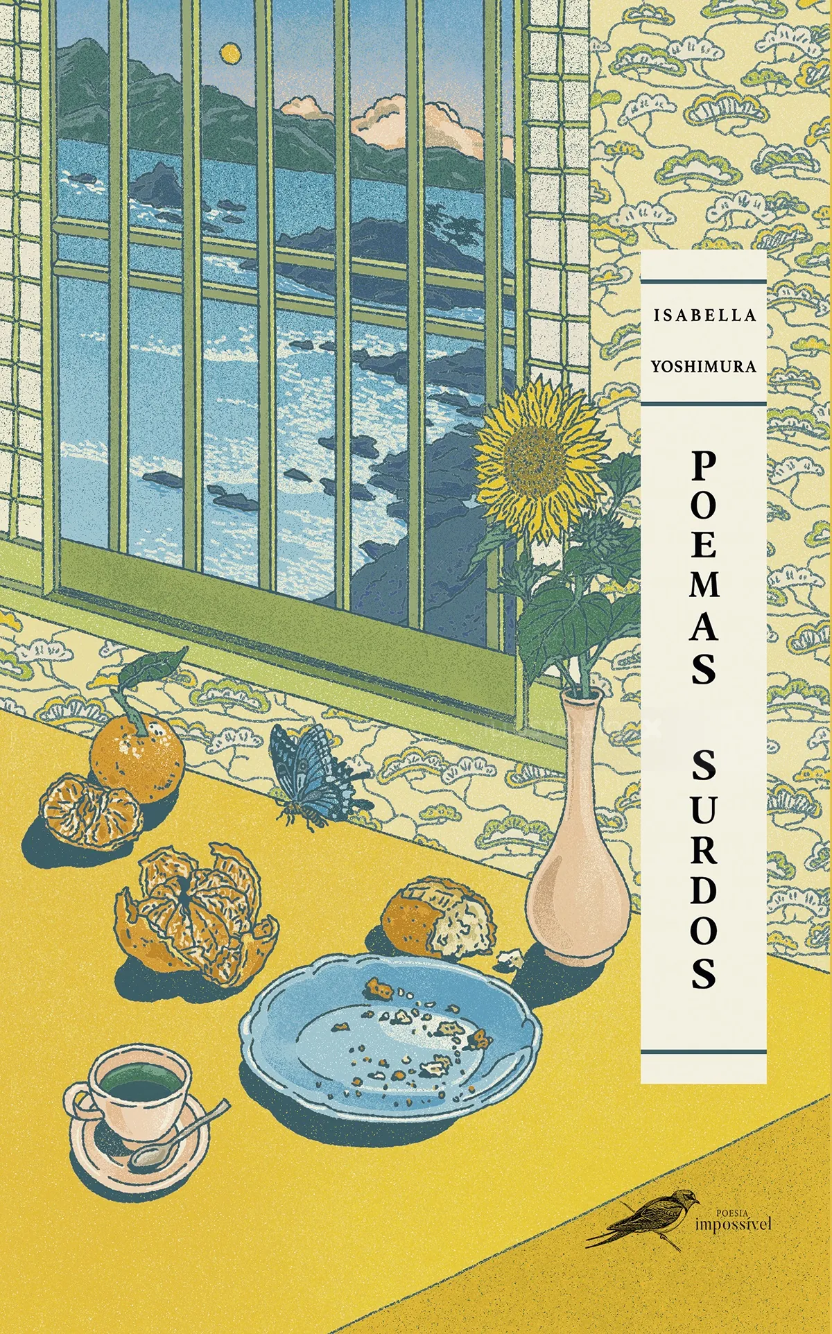 Illustration of a table with fruits and vase by window, artwork by Ing Lee