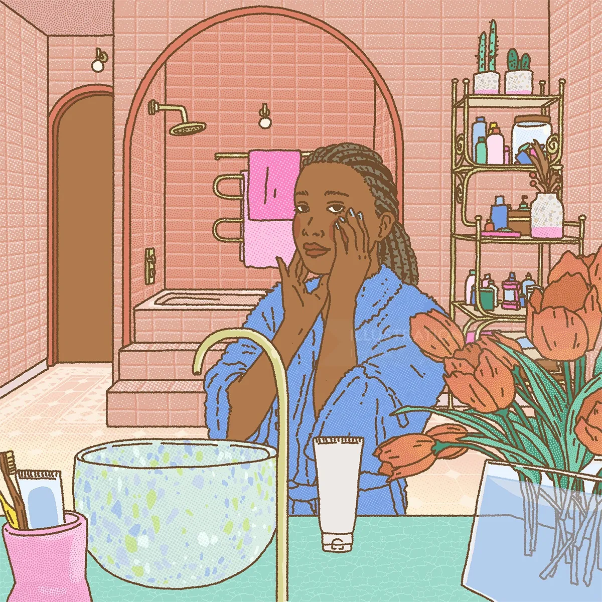 Woman touching face in bathroom with tulips and skincare bottles by Ing Lee