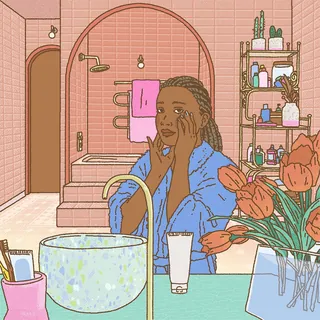 Woman touching face in bathroom with tulips and skincare bottles by Ing Lee