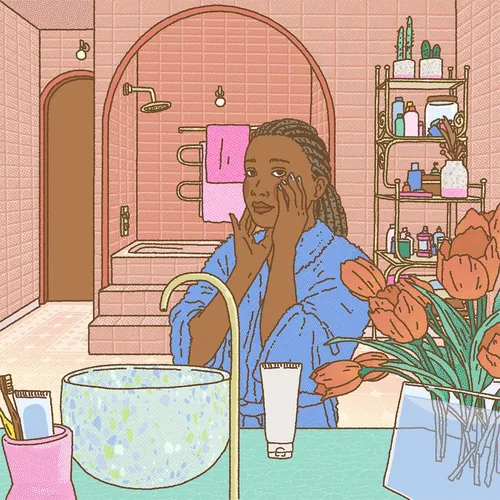 Woman touching face in bathroom with tulips and skincare bottles by Ing Lee