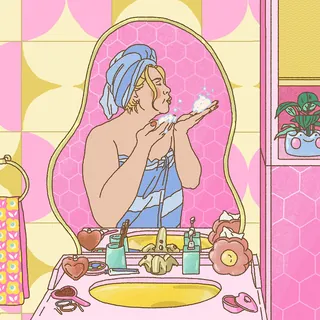 Illustration of woman blowing foam in bathroom mirror by Ing Lee