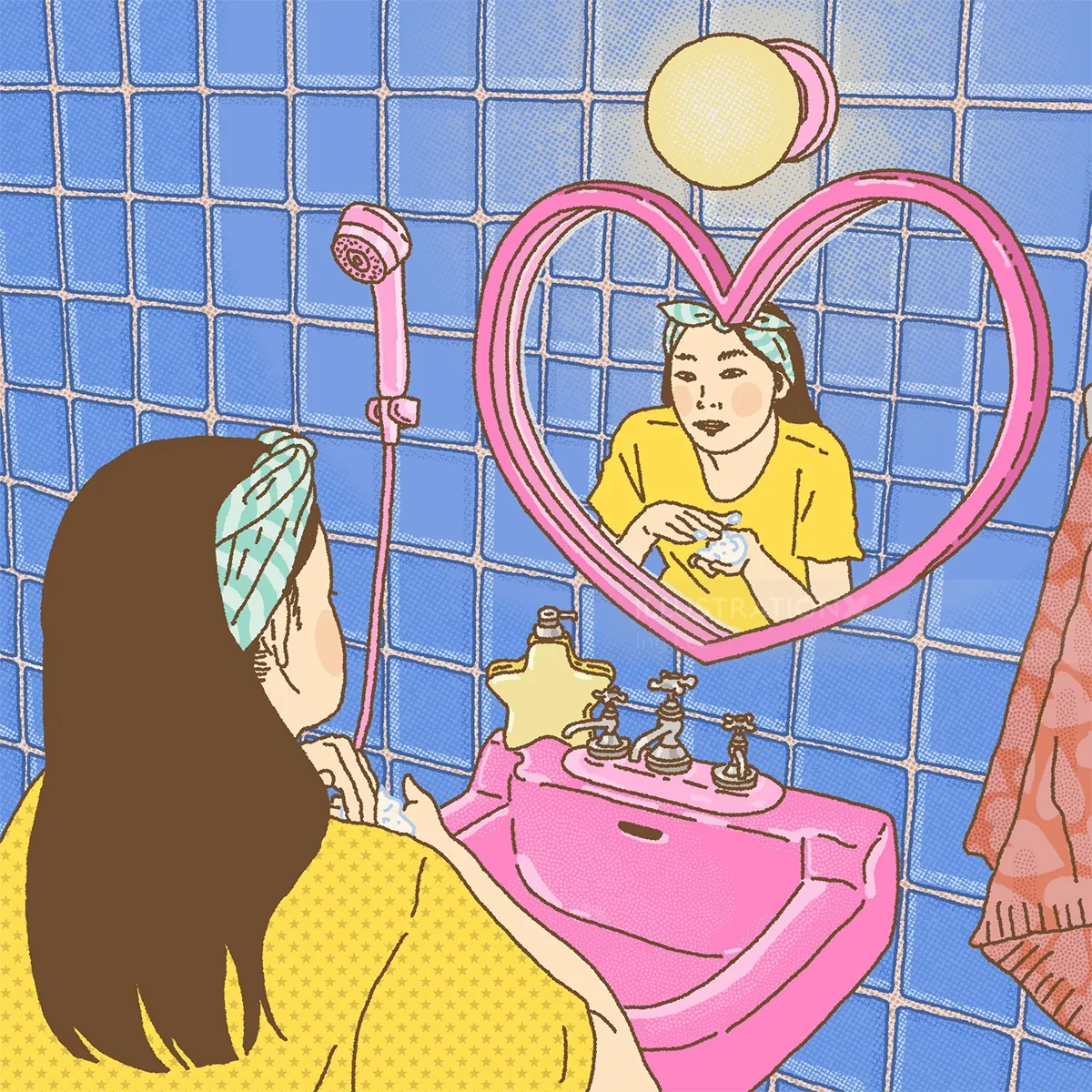 Illustration of woman washing face at pink sink with heart mirror by Ing Lee