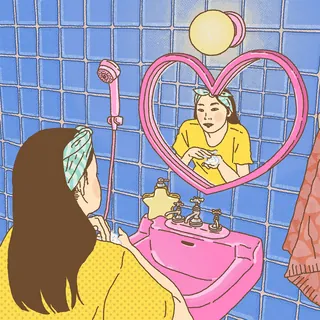 Illustration of woman washing face at pink sink with heart mirror by Ing Lee