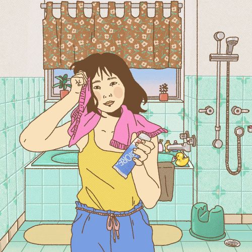 Illustration of woman applying facial wash in bathroom by Ing Lee