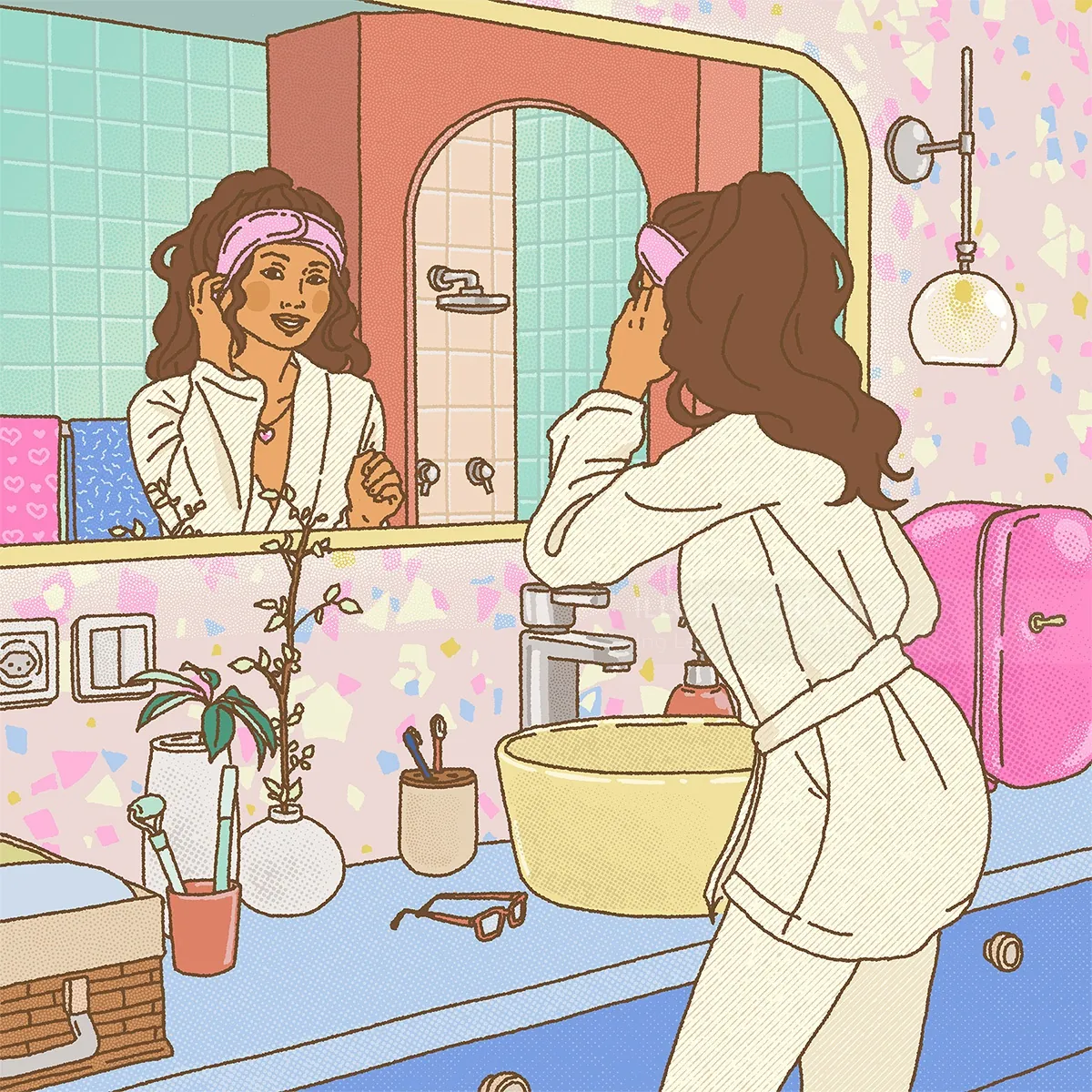 Illustration of a woman in a bathrobe looking into a bathroom mirror by Ing Lee