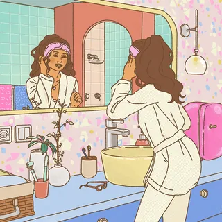 Illustration of a woman in a bathrobe looking into a bathroom mirror by Ing Lee